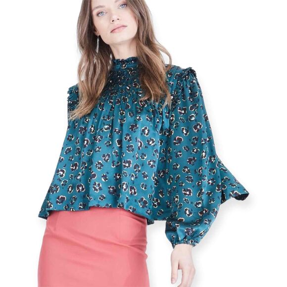 Caballero Adeline Green Pansy Top Teal Ruffle Blouse Size Small fits M NWOT